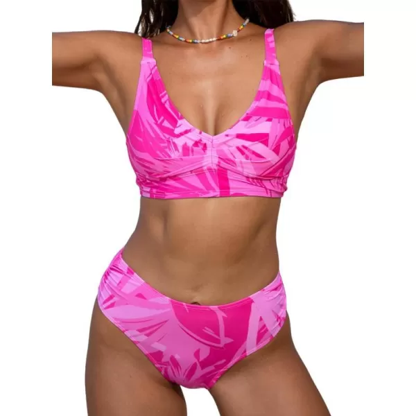imageCUPSHE Womens Bikini Sets Two Piece Swimsuit V Neck Mid Rise Ruched Crisscross Back Self TieHot Pink