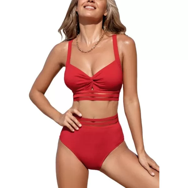 imageCUPSHE Womens Bikini Sets Two Piece Swimsuit V Neck Swimwear High Waisted Front Twisted Adjustable Crisscross Straps MeshRed