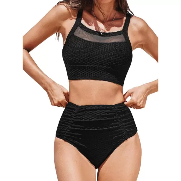 imageCUPSHE Womens Bikini Sets Two Piece Swimsuits High Waisted Scoop Neck Crisscross Self Tie Textured Mesh CutoutBlack
