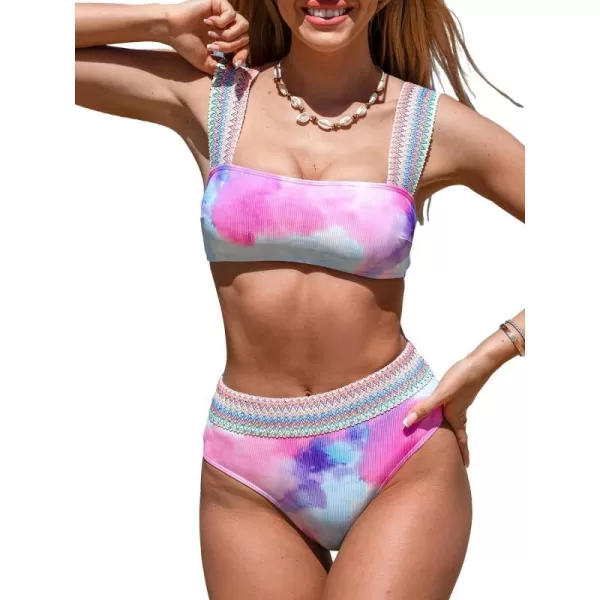 imageCUPSHE Womens Bikini Sets Two Piece Swimsuits High Waisted Square Neck Wide Straps Ribbed Texture Tie DyePinkTie Dye