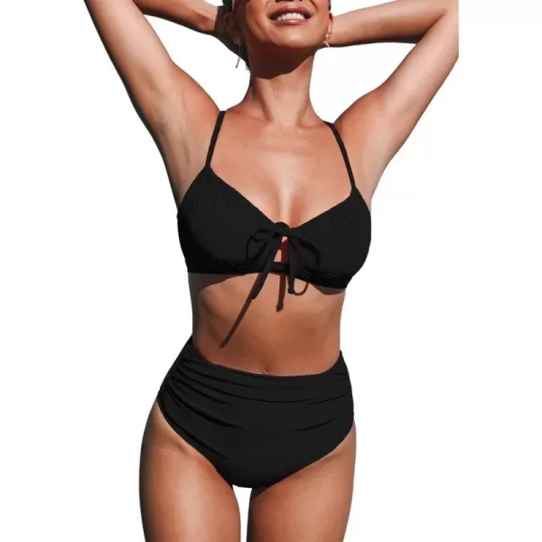 imageCUPSHE Womens Bikini Sets Two Piece Swimsuits Scoop Neck Crisscross Back Self Tie High Waisted RuchedBlack