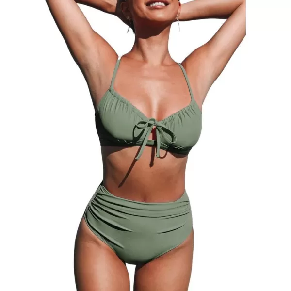 imageCUPSHE Womens Bikini Sets Two Piece Swimsuits Scoop Neck Crisscross Back Self Tie High Waisted RuchedOlive Green