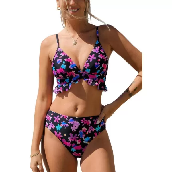 imageCUPSHE Womens Bikini Sets V Neck Ruffle Adjustable Straps Mid Rise Back Hook Triangle TopsBlackMagenta Floral
