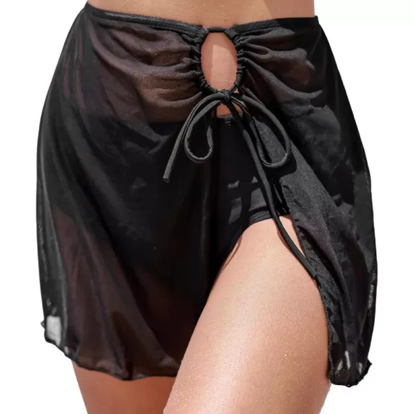 imageCUPSHE Womens Bikini Swim Skirt Bathing Suit Bottom High Waisted Swimwear Mesh Cutout Drawstring CheekyBlack