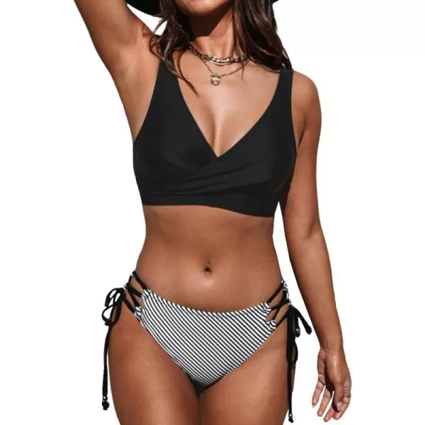 imageCUPSHE Womens Bikini Swimsuit Front Cross Lace Up Two Piece Bathing SuitBlack  Stripe