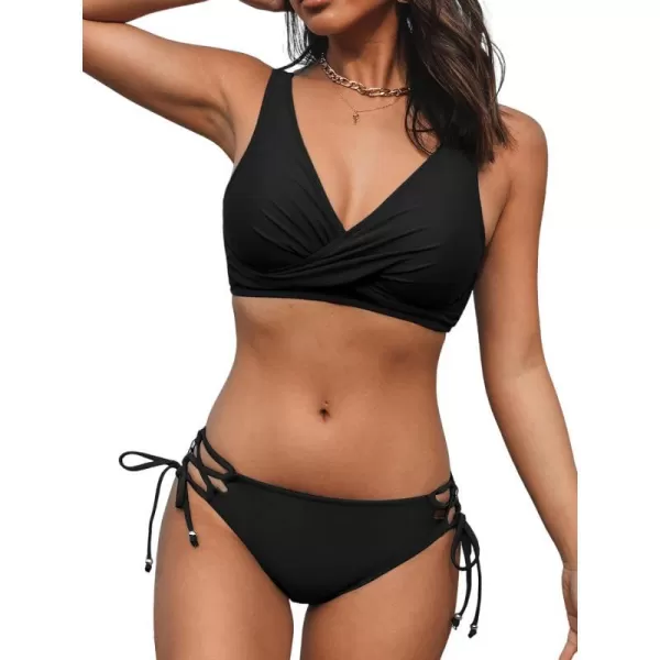 imageCUPSHE Womens Bikini Swimsuit Front Cross Lace Up Two Piece Bathing SuitPure Black