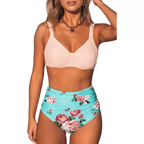 imageCUPSHE Womens Bikini Swimsuit Two Piece Bathing Suit High Waist Knot Wide StrapsPink Blue
