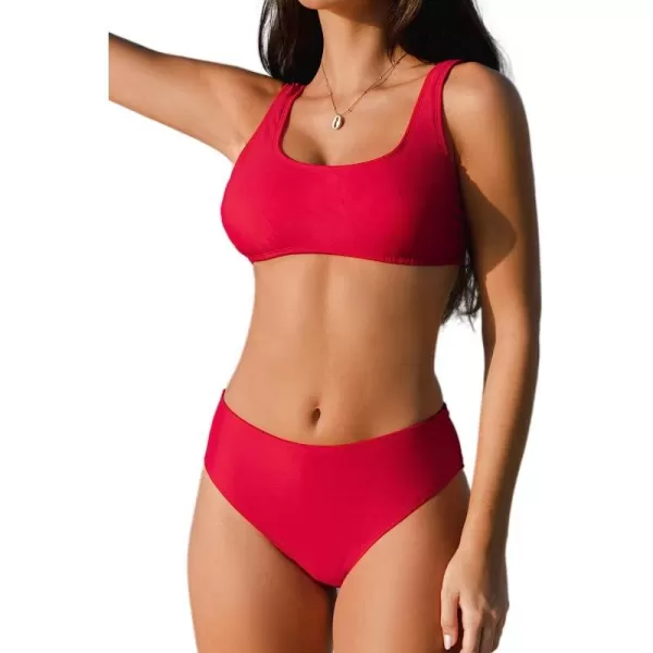 imageCUPSHE Womens Bikini Swimsuits 2 Piece Bathing Suits Bikini Set Tank Mid Waisted Back HookRed