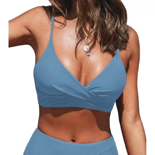 imageCUPSHE Womens Bikini Top Bathing Suit V Neck Adjustable Spaghetti Straps Twist FrontSky Blue