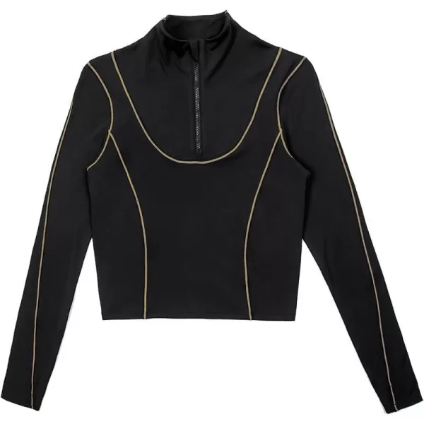 imageCUPSHE Womens Black Crop Tops Long Sleeve High Neck Quarter Zip Casual Pullover SweatshirtBlack