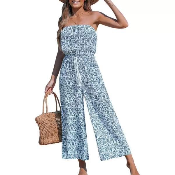 imageCUPSHE Womens Blue Floral Swirl Tube Top Wide Leg Jumpsuit Off Shoulder Vacation JumpsuitsBlue
