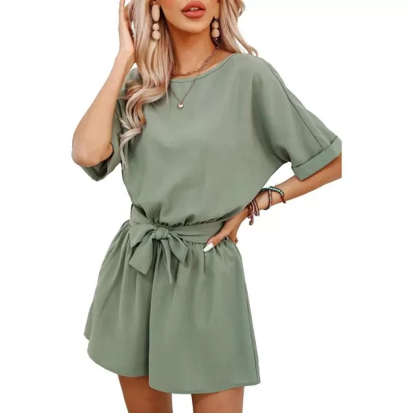 imageCUPSHE Womens Boat Neck Romper Short Sleeves Jumpsuit Empire Waist Belt Romper with Back CutoutGreen