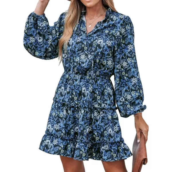 imageCUPSHE Womens Boho Floral Print Tie Neck Long Sleeve Drawstring Mini Dress Elastic Waist Casual A Line Short DressBlue Floral
