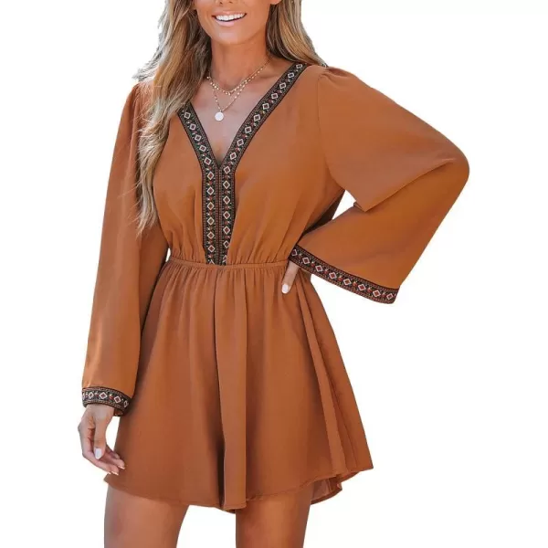 imageCUPSHE Womens Boho Geo PrintMini Romper Long Sleeves Jumpsuits VNeck Wide Leg Outfit CasualBrown
