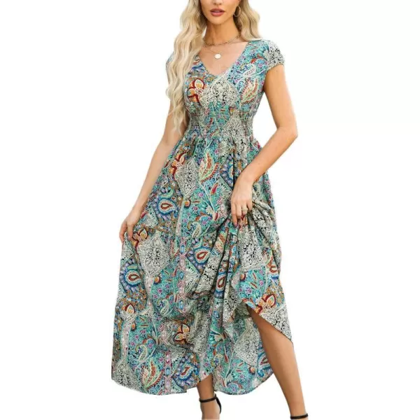imageCUPSHE Womens Boho Paisley Maxi Dress V Neck Cap Sleeve Smocked Ruffled A Line Long Summer DressesGreen Paisley