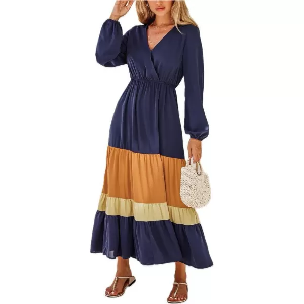 imageCUPSHE Womens Boho V Neck Long Sleeve Colorblock Elasticized Waist Ruffled A Line Maxi Dress Navy BlueNavy Blue