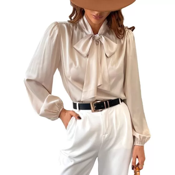 imageCUPSHE Womens Bow Tie Lantern Long Sleeve Satin Shirts Formal High Neck Work Out BlousesChampagne
