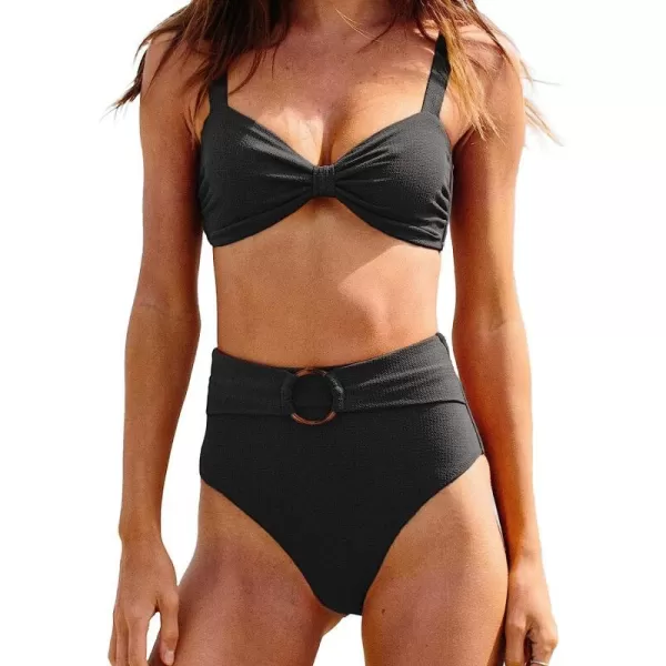 imageCUPSHE Womens Bowkont Front Bikini Set Tummy Control High Waisted Belted Bathing SuitBlack