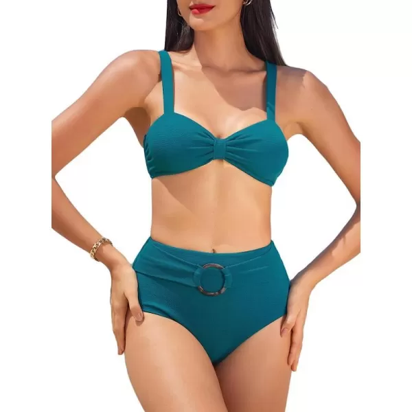 imageCUPSHE Womens Bowkont Front Bikini Set Tummy Control High Waisted Belted Bathing SuitTeal