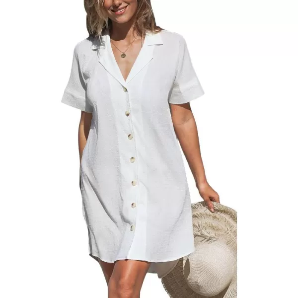 imageCUPSHE Womens Button Down Swimsuit Cover Ups Blouse Short Sleeve Collared Swim Coverup Shirt DressWhite