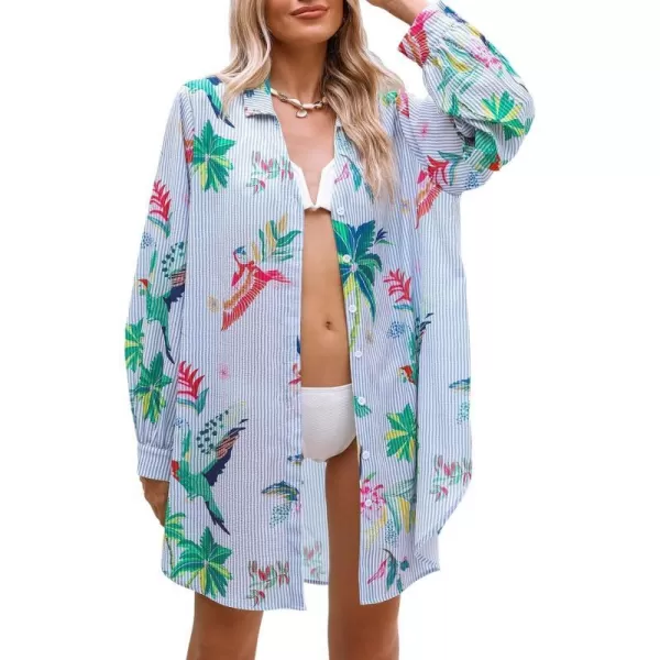 imageCUPSHE Womens Button Down Swimsuit Coverup Long Sleeve Floral Print Beach Cover Up Stripes Shirt DressBlue Floral