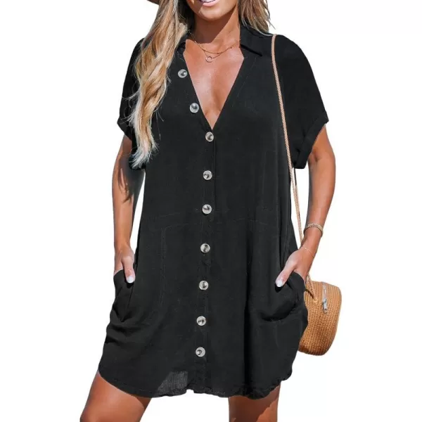 imageCUPSHE Womens Button Front Swimsuit Coverup Casual Beachwear Short Sleeve Collared Beach Shirt Dress with PocketBlack
