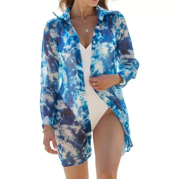 imageCUPSHE Womens Button Front Swimsuit Coverup Tie Dye Long Sleeve Beach Cover Ups ShirtBlue