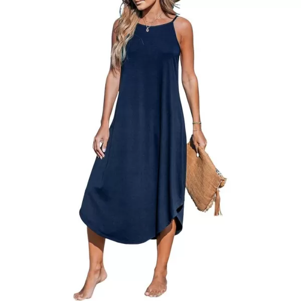 imageCUPSHE Womens Cami Maxi Dress Sleeveless V Neck Solid Dresses Casual SummerNavy Blue