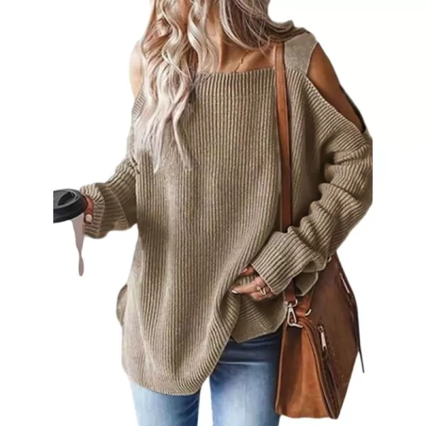 imageCUPSHE Womens Casual Cold Shoulder Sweaters Square Neck Oversized Pullover with Long SleevesKhaki