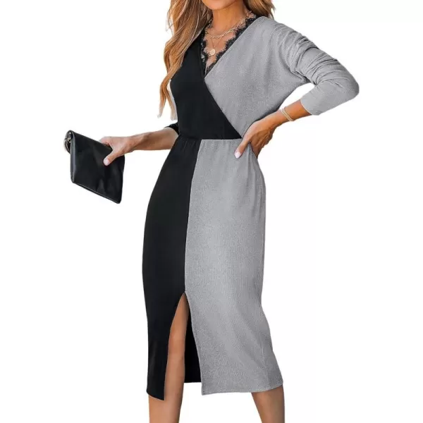 imageCUPSHE Womens Casual Midi Dress Scalloped Lace V Neck TwoTone Long Sleeve Bodycon Slit DressesBlackampgrey