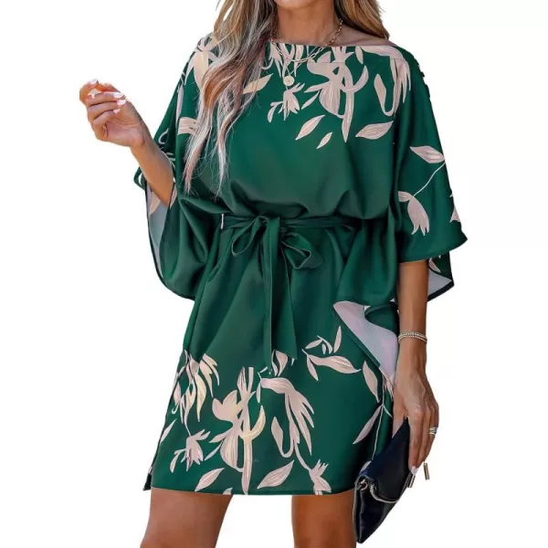 imageCUPSHE Womens Casual Mini Dress Leaf Print 34 Sleeve One Shoulder A Line Short Belted DressesGreen
