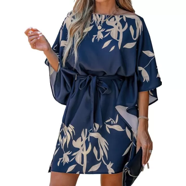 imageCUPSHE Womens Casual Mini Dress Leaf Print 34 Sleeve One Shoulder A Line Short Belted DressesNavy
