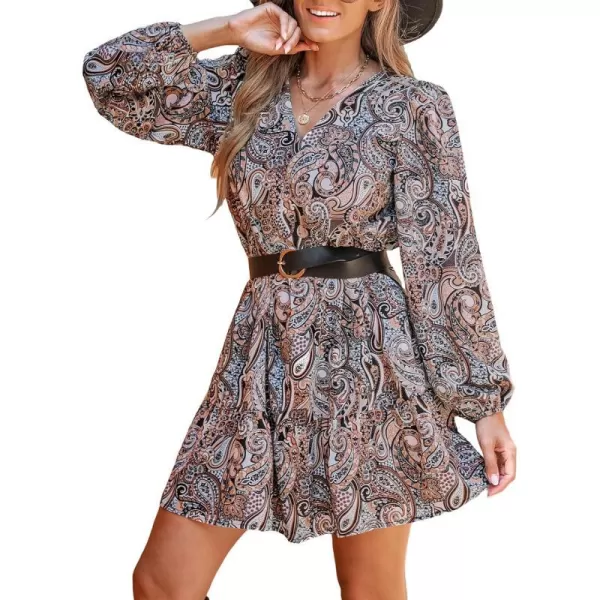 imageCUPSHE Womens Casual Mini Dress Paisley Print Long Sleeve V Neck A Line Short Boho DressesBlack Paisley