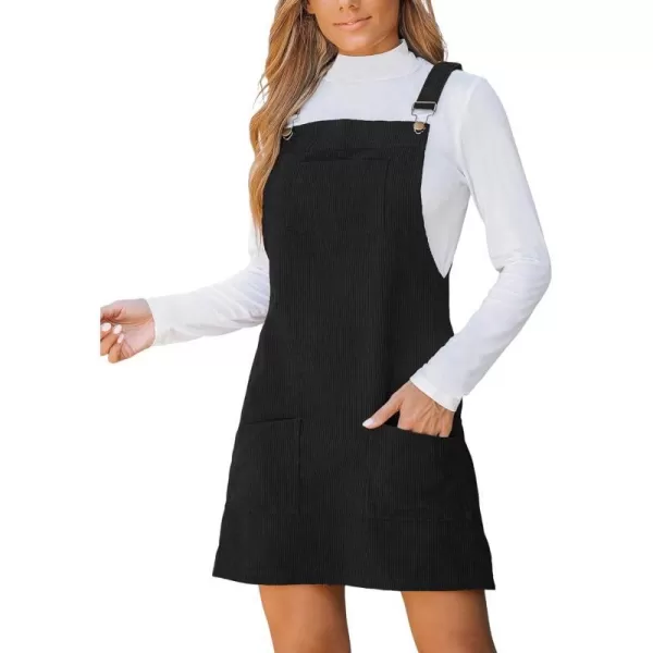 imageCUPSHE Womens Casual Mini Dress Square Neck Corduroy Solid Pocket Front Wide Straps Short Overall DressesBlack