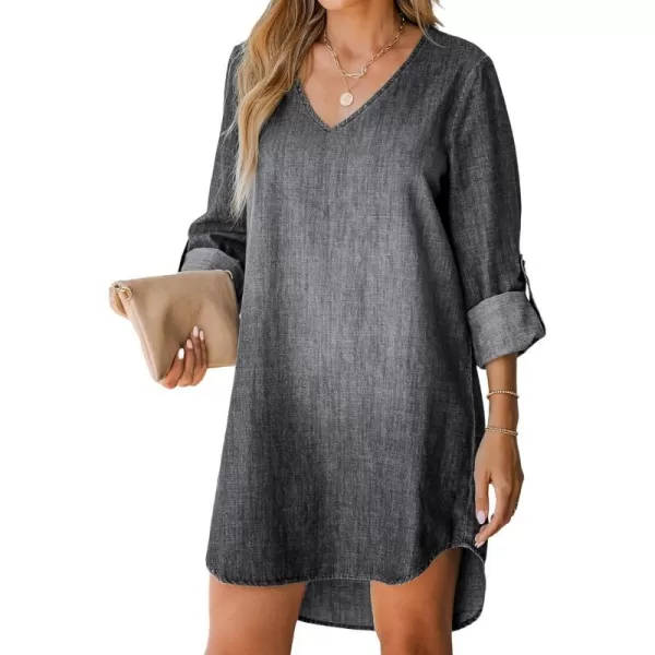 imageCUPSHE Womens Casual Mini Dress V Neck Dolphin Hem RollTab Cuffs Long Sleeve A Line Short Loose Fit Demin DressesBlack