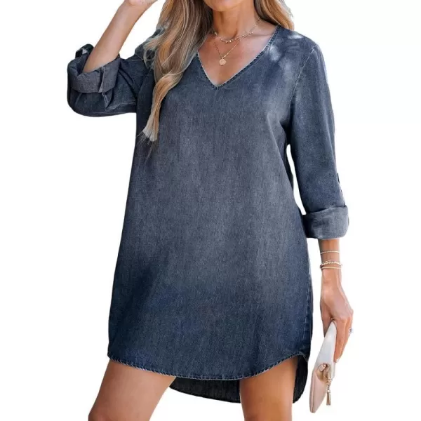 imageCUPSHE Womens Casual Mini Dress V Neck Dolphin Hem RollTab Cuffs Long Sleeve A Line Short Loose Fit Demin DressesMidnight Blue