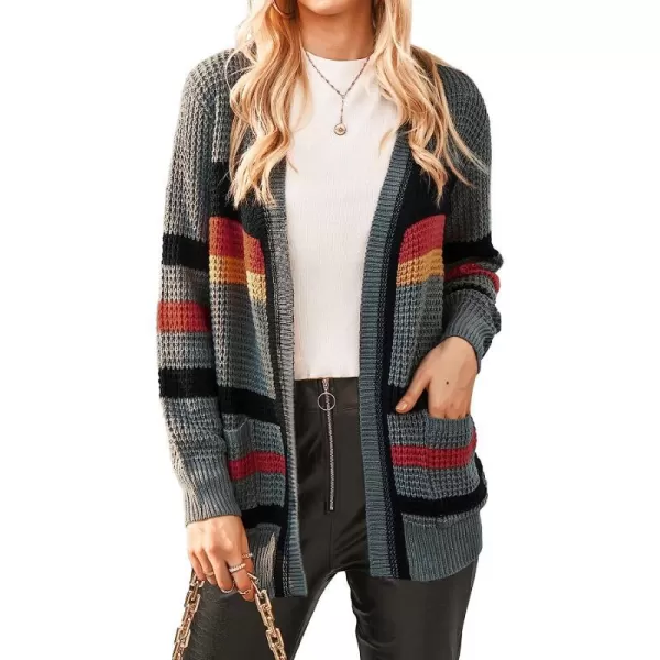 imageCUPSHE Womens Casual Open Front Cardigan Fall Knit Long Sleeves Sweater with Striped PatternDark Grey