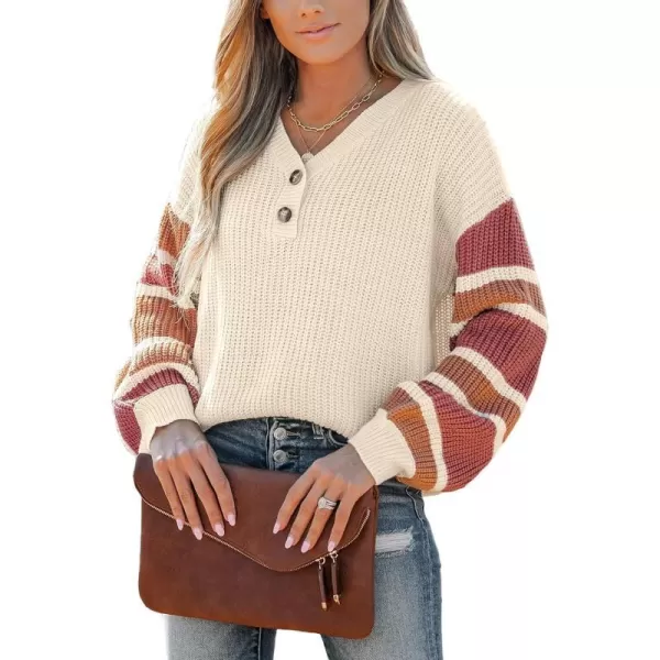 imageCUPSHE Womens Casual Pullover Fall Sweaters V Neck Striped Knit Button Long Sleeves Henley TopsBeige