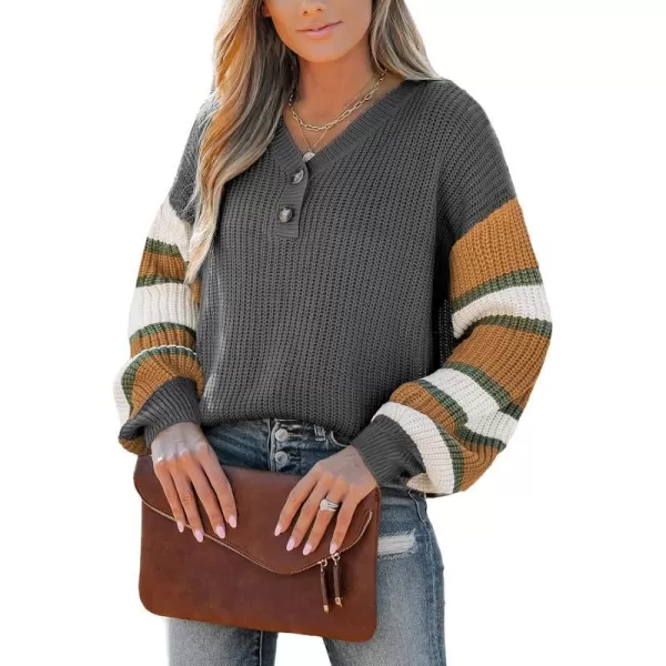 imageCUPSHE Womens Casual Pullover Fall Sweaters V Neck Striped Knit Button Long Sleeves Henley TopsGray
