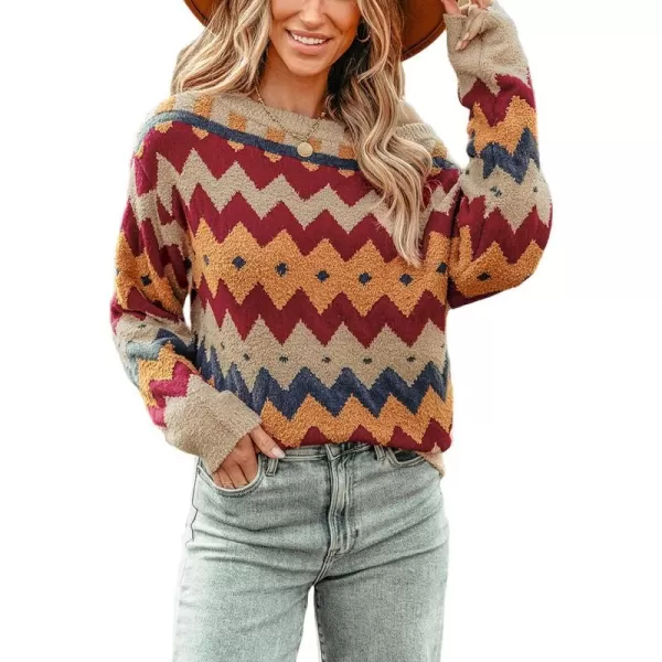 imageCUPSHE Womens Casual Pullover Sweaters One Shoulder Chevron Ethnic Knit Long Sleeves TopsOrangeRed