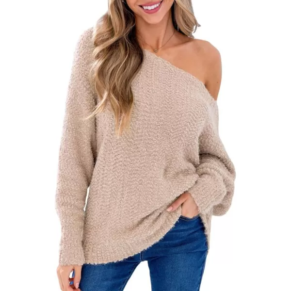 imageCUPSHE Womens Casual Pullover Sweaters One Shoulder Lantern Long Sleeve Oversized Puff Knit Chunky Warm TopLight Brown
