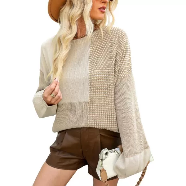 imageCUPSHE Womens Casual Pullover Sweaters Round Neck Winter Lantern Long Sleeves Top Dropped Color Block Ribbed KnitKhaki