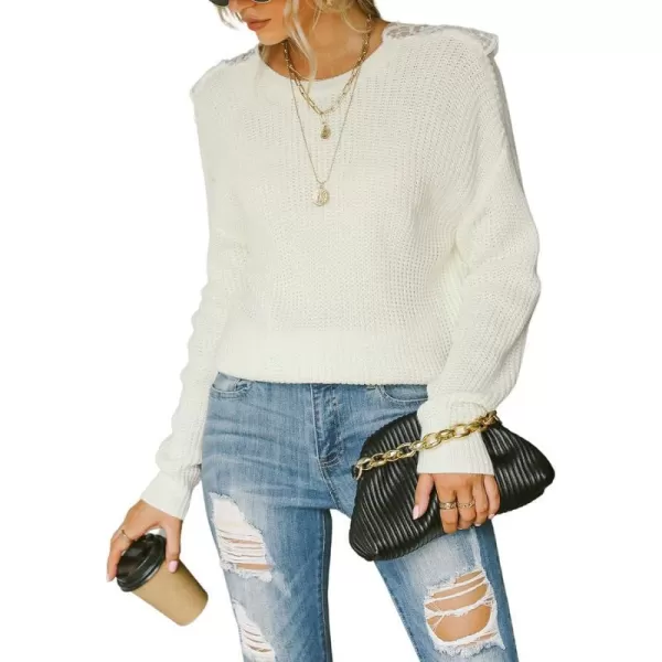 imageCUPSHE Womens Casual Round Neck Fall Sweater Rib Knit Long Sleeves Pullover with Lace TrimWhite