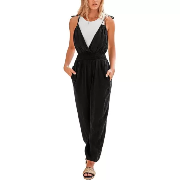 imageCUPSHE Womens Casual Sleeveless Jumpsuit 2024 Tie Strappy Backless Loose Jogger Romper with PocketsBlack