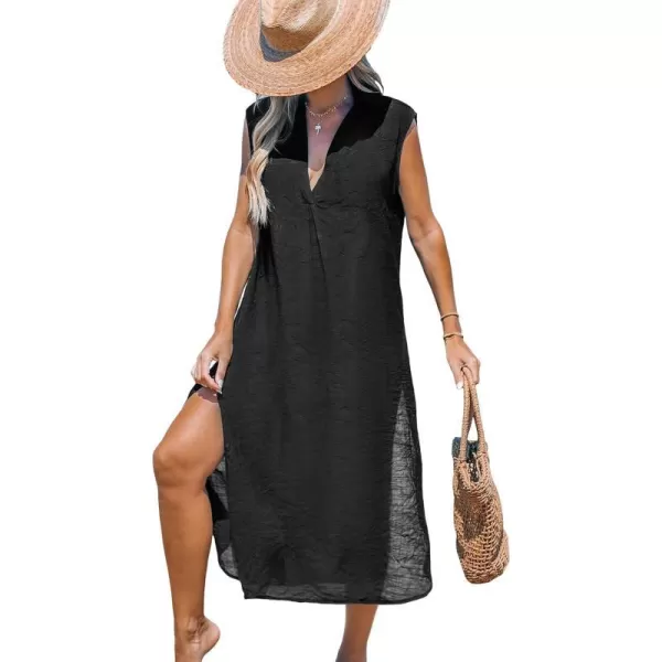 imageCUPSHE Womens Casual Sleeveless Side Split Long Cardigans V Neck Swimsuit Cover Up Long Beach DressBlack