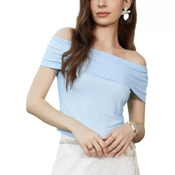 imageCUPSHE Womens Casual Tops Blouse OffShoulder Ribbed Knit Solid Top Sexy Slim Fit BlousesBlue