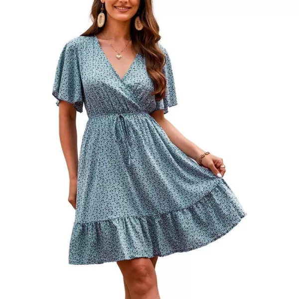 imageCUPSHE Womens Casual V Neck A Line Short Length Dresses Tie Front Mini Dress with Flared SleevesLight Blue