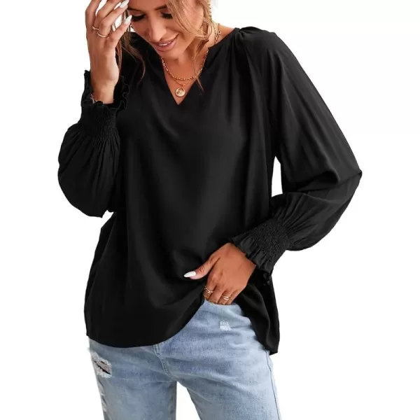 imageCUPSHE Womens Casual V Neck Blouse Shirred Tops Lightweight Work Shirts with Smocking CuffsBlack