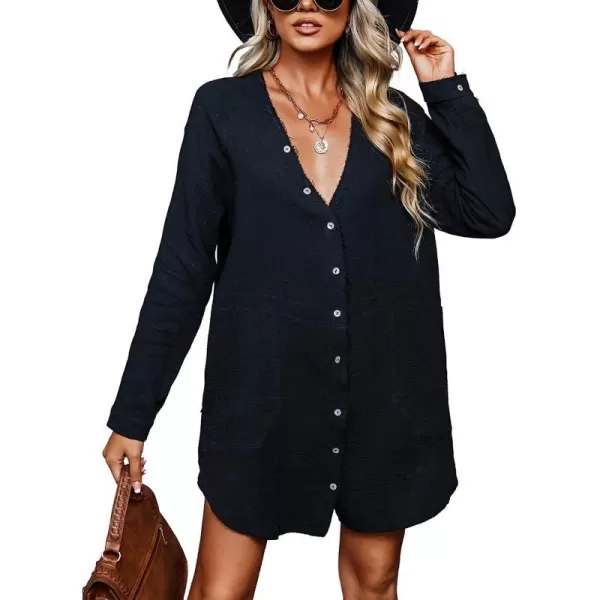 imageCUPSHE Womens Casual V Neck Cotton Short Length Shirt Dress Loose Button Down Mini DressBlack