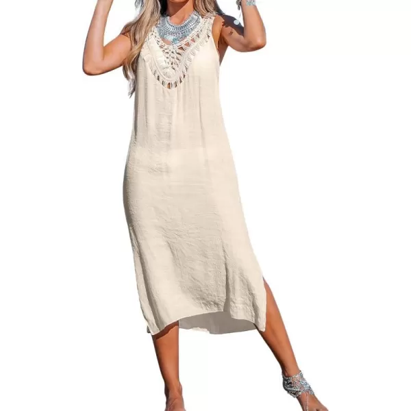 imageCUPSHE Womens Casual V Neck Crochet Bathing Suit Cover Up Backless Swimsuit Beach Maxi Dress for SummerApricot